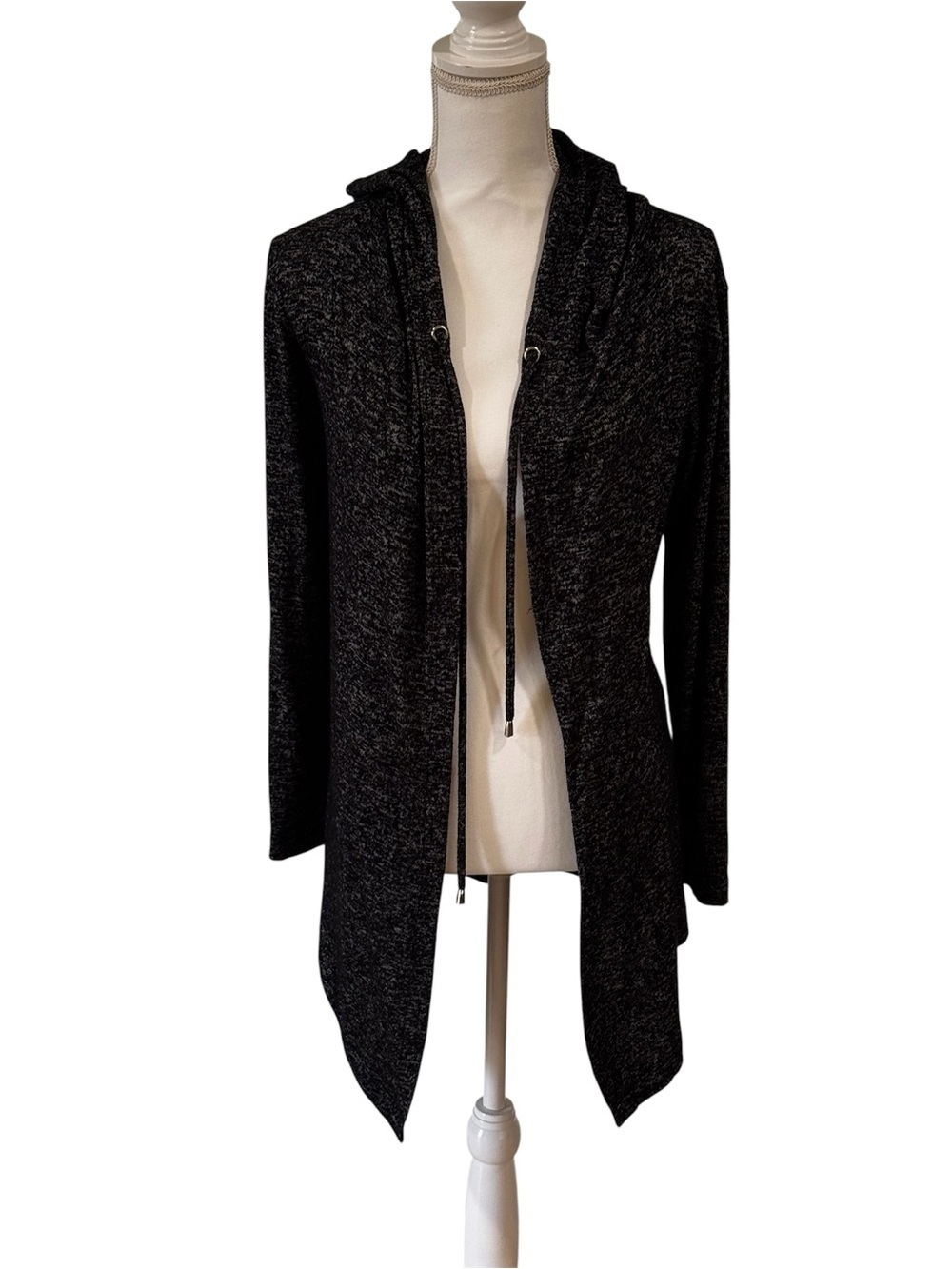 Always Indigo gray heathered open front hooded cardigan sweater, no closure, S.